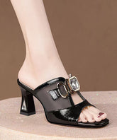 Stilvolle schwarze Schaffell-Spleißen Tüll Slide Sandalen Peep Toe